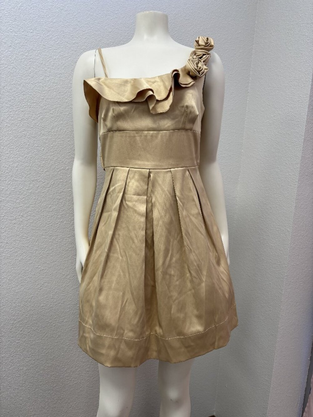 Alyn Paige Dress 3/4 Gold Satin One Shoulder Rosette Ruffle Cocktail Party
